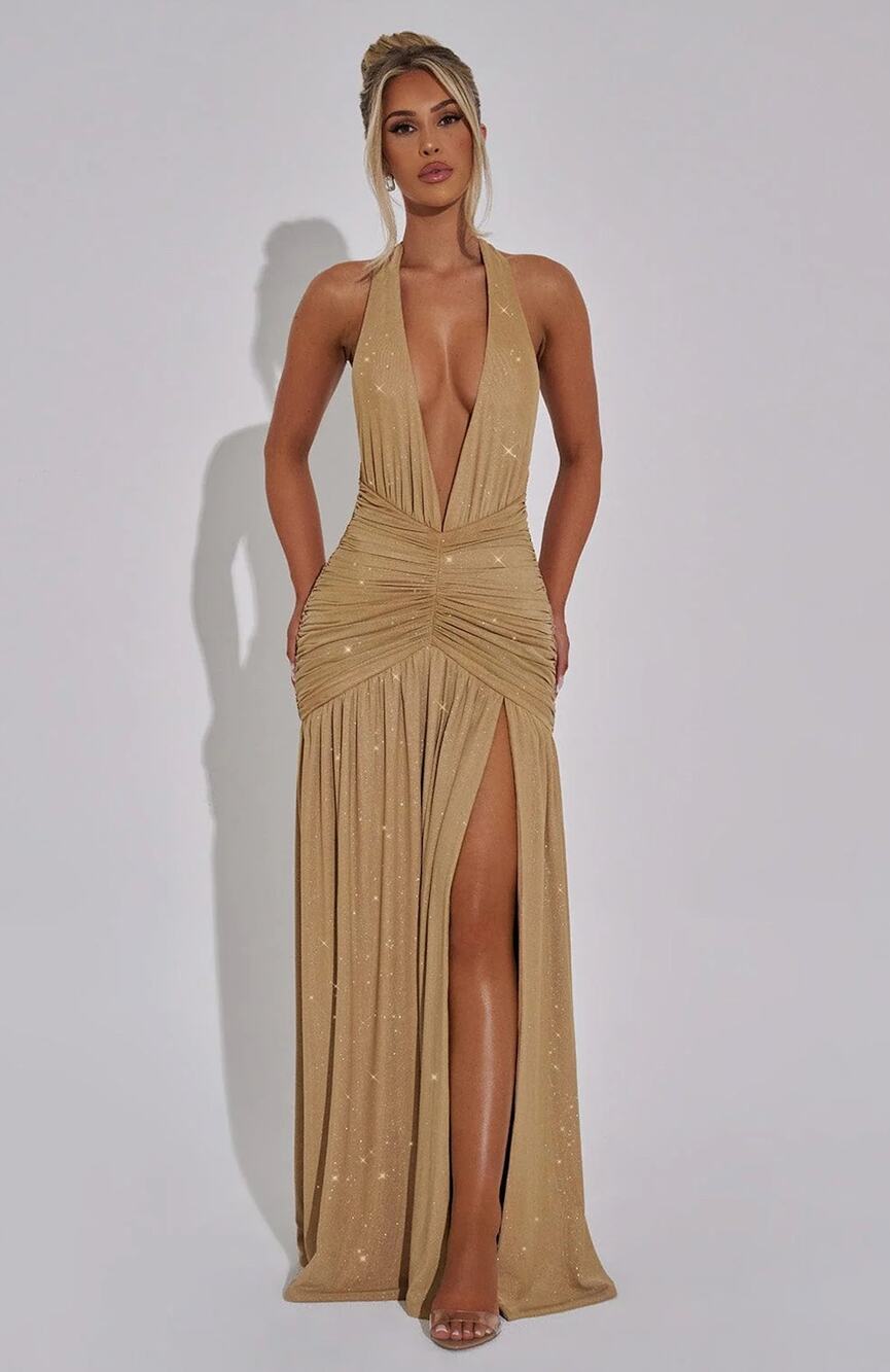 NWT Babyboo Melania Gold Sparkle Ruched Halter Plunge V-Neck Maxi Dress Size M